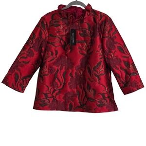 Sara Campbell Finch Blouse Womens Lg Red Floral Metallic Brocade Ruffle Neck NWT